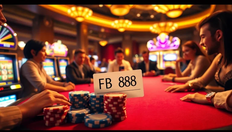 Experience the excitement at FB 88's poker table, showcasing vibrant chips and intense players.