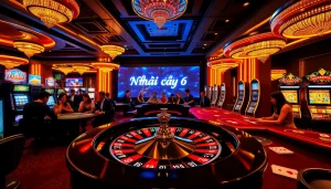 Experience the thrill of gambling at a Nhà cái uy tín casino with vibrant tables, excited players, and captivating games.