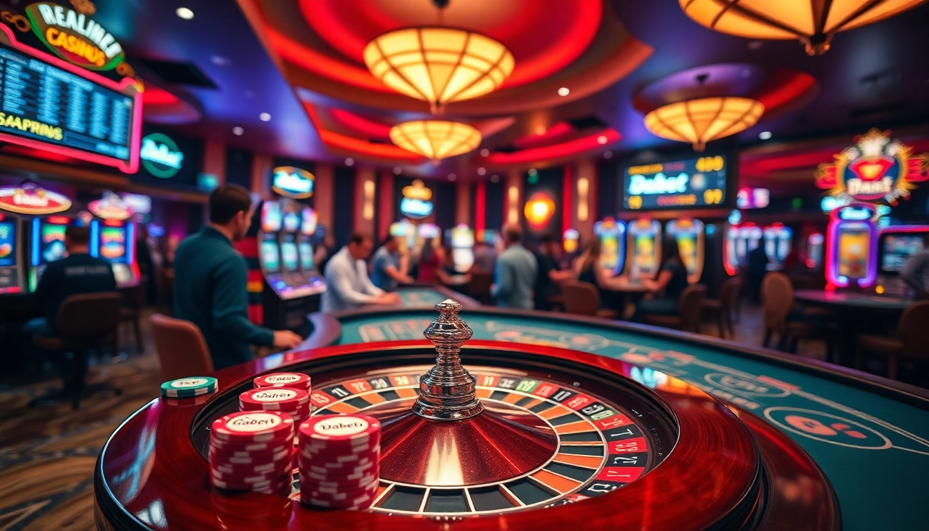 Dabet hoa kỳ captivates players in a dazzling casino scene with roulette wheels and lively gaming tables, illuminated jackpots, and vibrant poker chips.