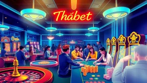 Link vào thabet showcasing an exciting casino atmosphere with people playing poker and vibrant slot machines.