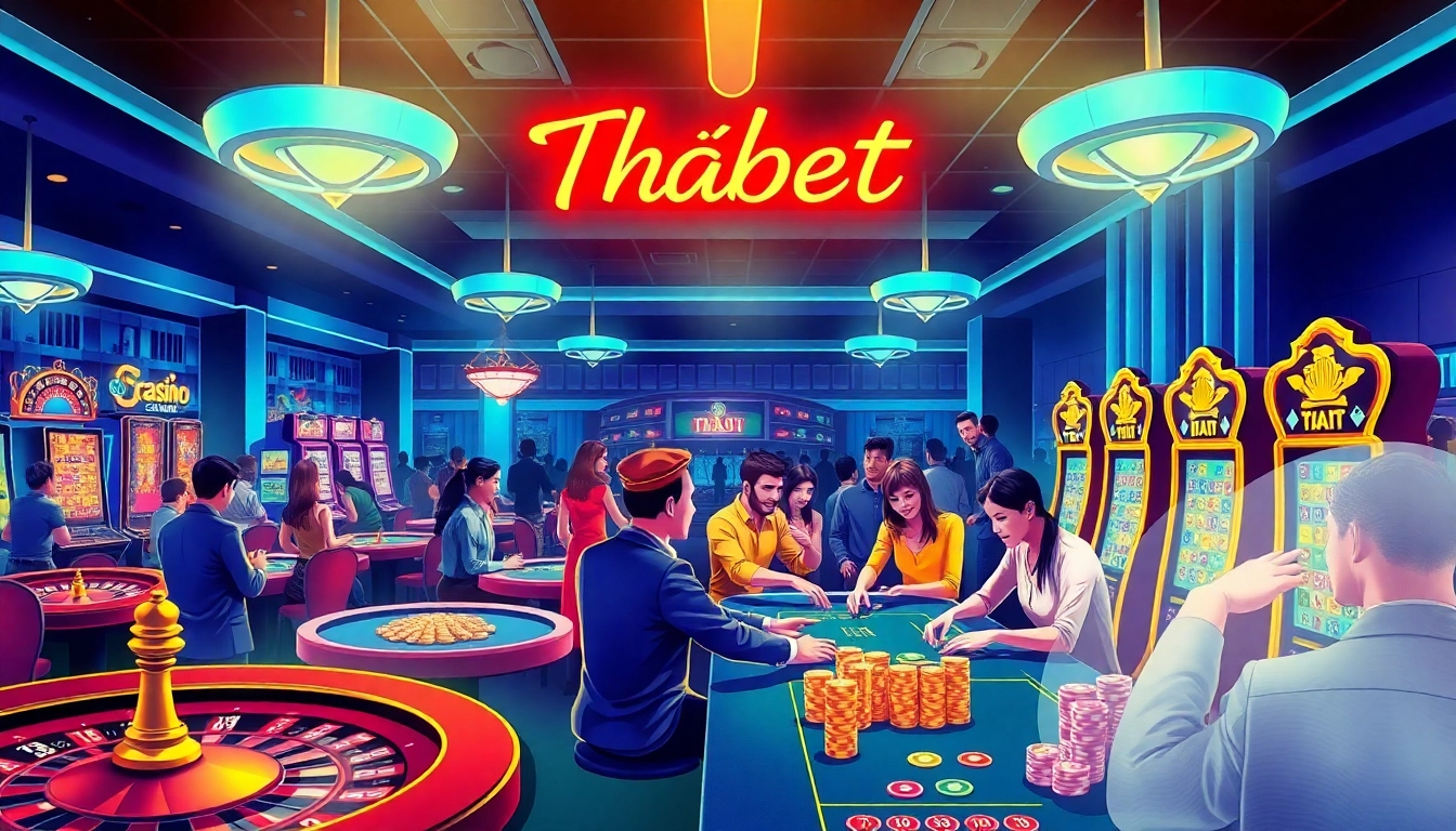 Link vào thabet showcasing an exciting casino atmosphere with people playing poker and vibrant slot machines.