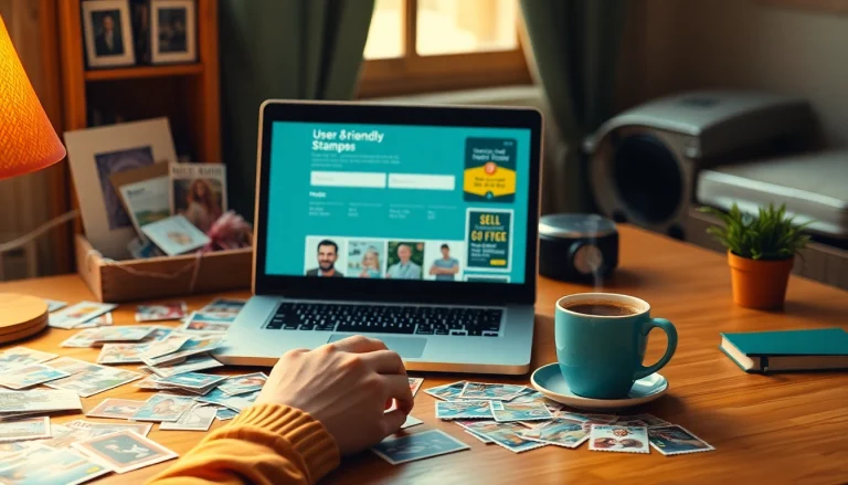 Discover the ease of buying postage stamps online with a cozy home office scene and colorful stamps.