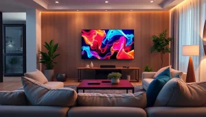 View of a stylish living room with an iron tv showcasing vibrant content and a cozy atmosphere.