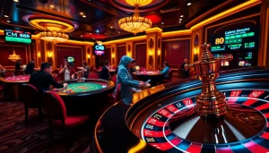 CM88 gaming scene with players betting on blackjack and roulette tables, showcasing the thrill of a casino experience.