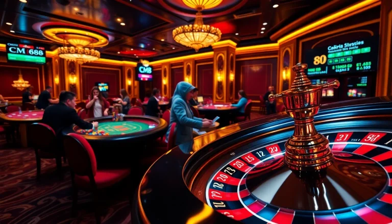 CM88 gaming scene with players betting on blackjack and roulette tables, showcasing the thrill of a casino experience.