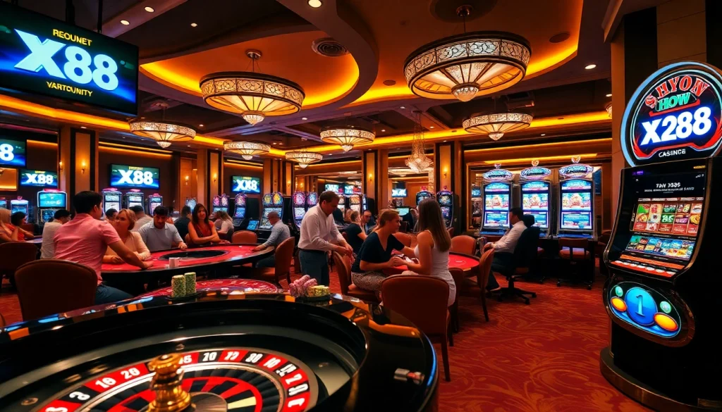 Experience the thrill of gambling at XX88 HOW with players enjoying poker and roulette in a luxurious casino setting.