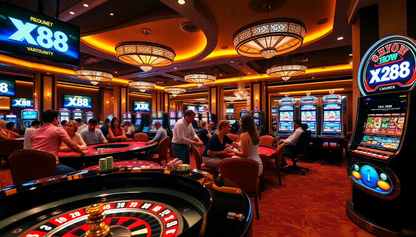 Experience the thrill of gambling at XX88 HOW with players enjoying poker and roulette in a luxurious casino setting.