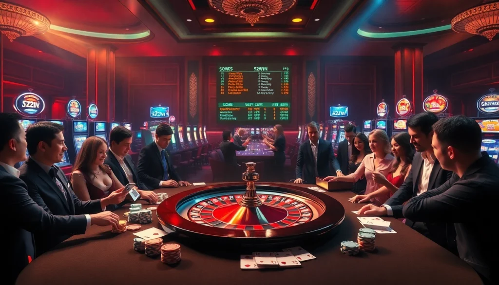 Experience the excitement of 52WIN with a luxurious casino setting featuring roulette and poker action.