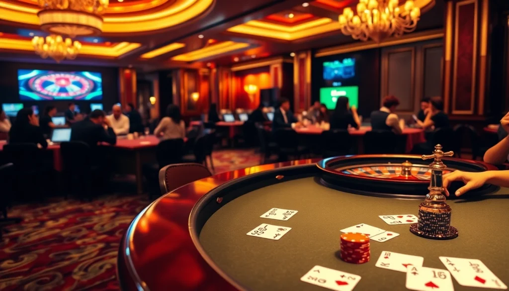 Exciting scene at Nhà cái RR88 with players at a poker table, showcasing luxury and thrill in gambling.