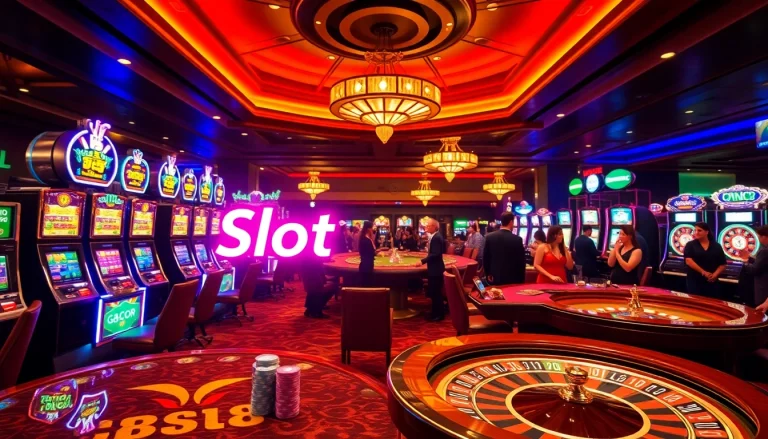 Gamblers celebrating wins at a glamorous casino showcasing Slot Gacor slot machines and vibrant games.