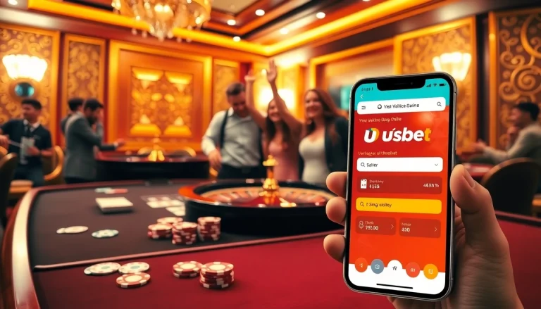 Players celebrating a win at nhà cái usbet casino table with vibrant lighting and online app displayed.