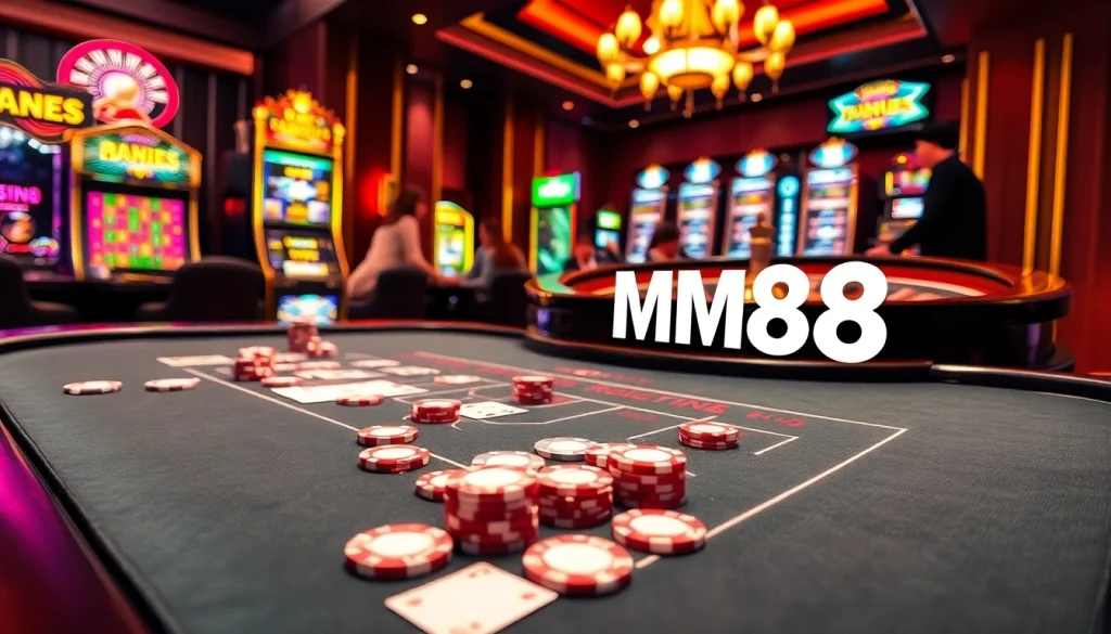 Engaging players at a luxurious casino table from https://mm88.bar/ with vibrant slot machines and roulette wheels.