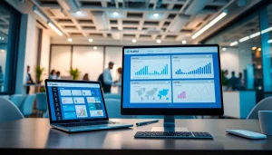 ERP yazılım interface on a modern desktop in a professional office setting.