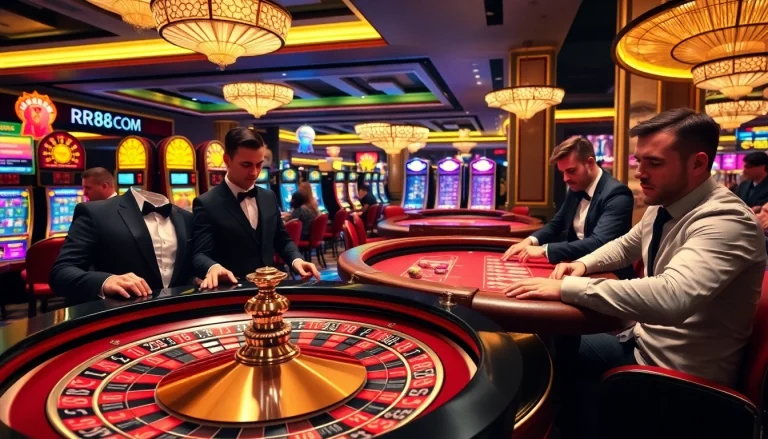 Experience the excitement of rr88.com with players enjoying roulette and poker in a vibrant casino atmosphere.
