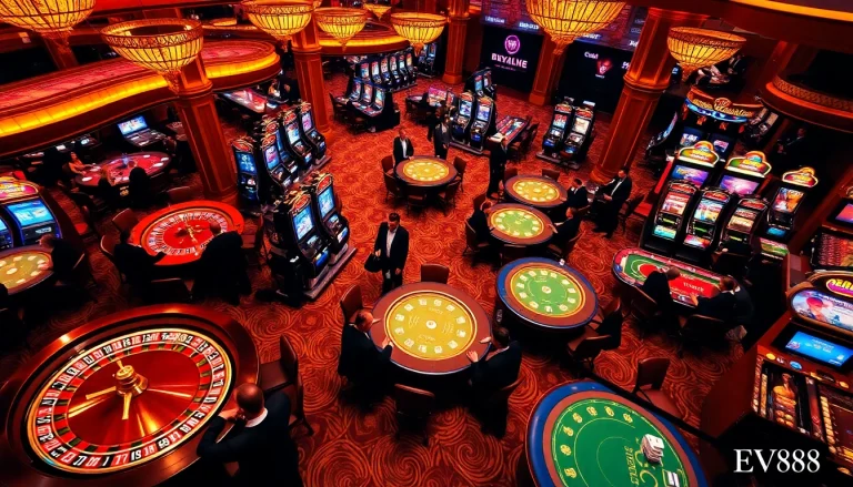EV88 casino players enjoying games at a luxurious table with roulette and poker.