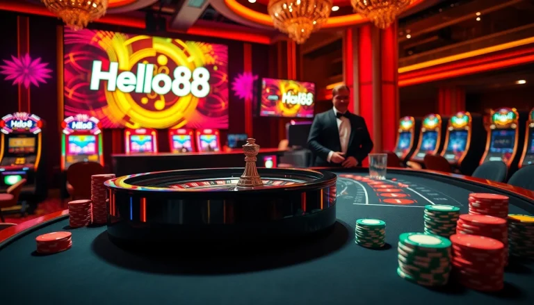 Experience the thrill of gaming as Hello88 showcases vibrant poker chips and a lively roulette table.