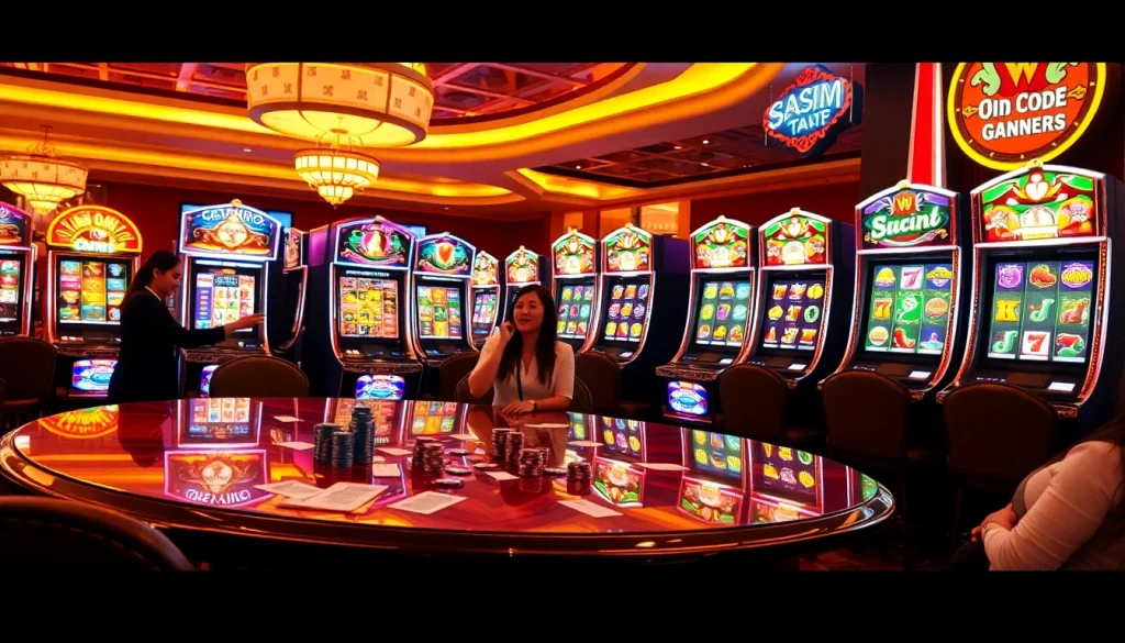 Players enjoying Slot machines in a luxurious casino setting with vibrant colors and exciting atmosphere.