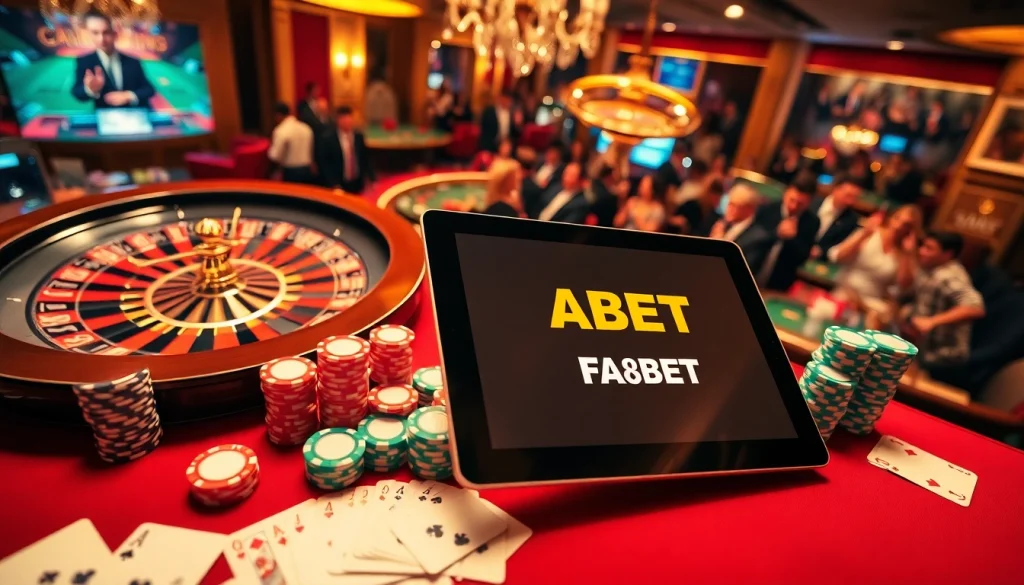 Engaging FABET gaming experience with roulette wheel, poker chips, and online interface.