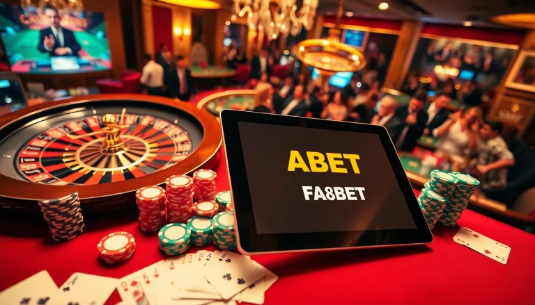 Engaging FABET gaming experience with roulette wheel, poker chips, and online interface.