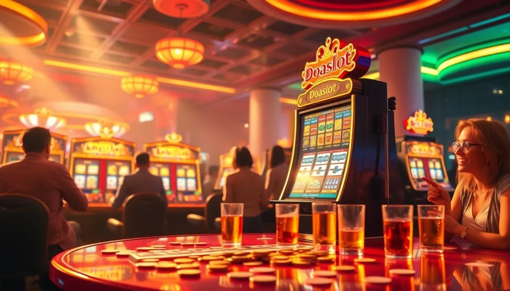 An engaging scene featuring players enjoying the doaslot slot machine in a vibrant casino atmosphere.