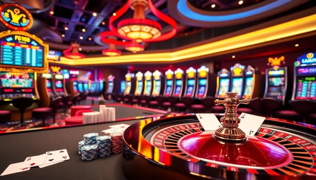 Experience the thrill of เจ้ามือรับแทง F168 with vibrant casino visuals featuring roulette wheels and poker tables.