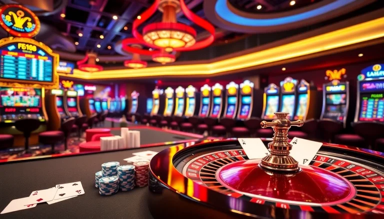 Experience the thrill of เจ้ามือรับแทง F168 with vibrant casino visuals featuring roulette wheels and poker tables.