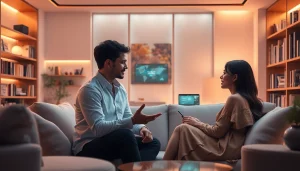 Engaging conversation in a modern living space with sex ai technology.