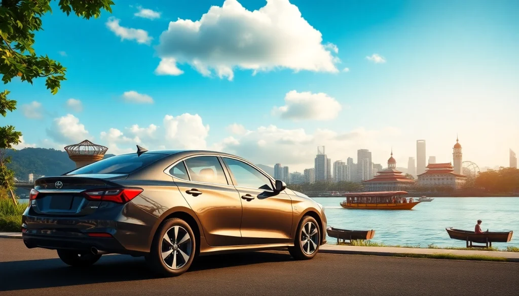 Rent a car in Kuching with a stunning river backdrop showcasing vibrant city life.