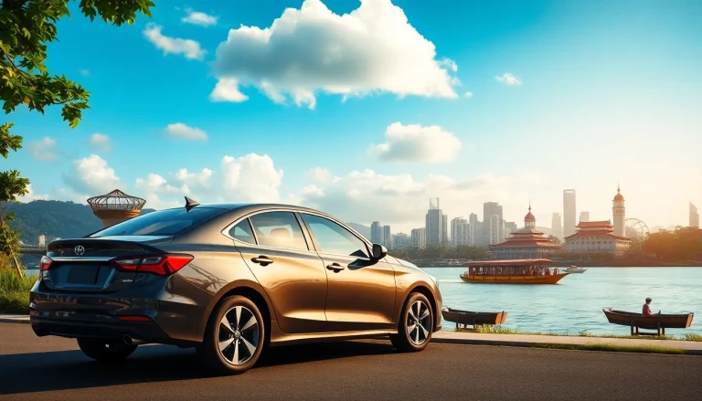 Rent a car in Kuching with a stunning river backdrop showcasing vibrant city life.