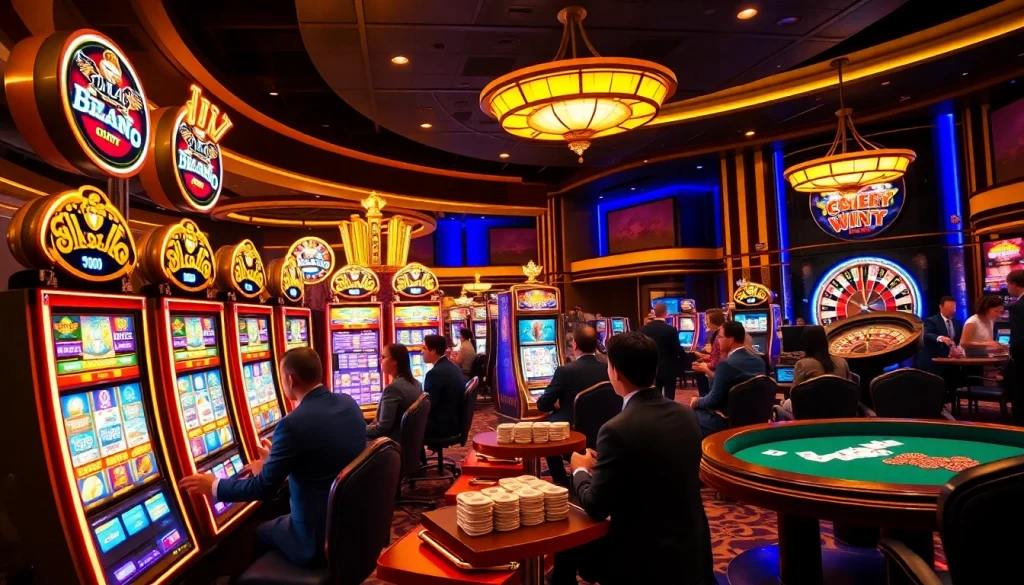 Experience the thrill of birutoto with players engaging at luxurious slot machines.