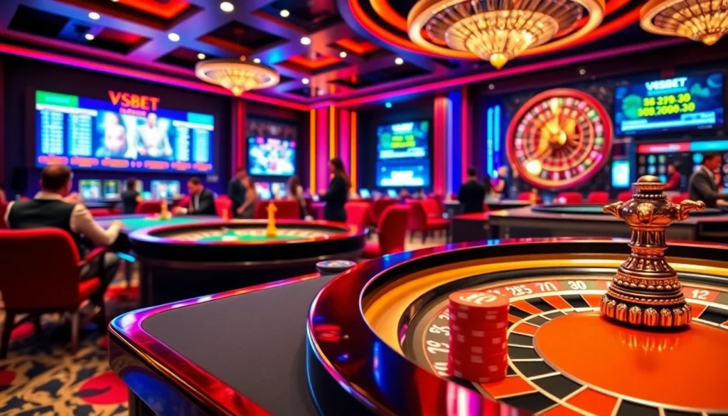 Exciting casino scene with players at a VSBET poker table showcasing vibrant colors and thrilling gameplay.