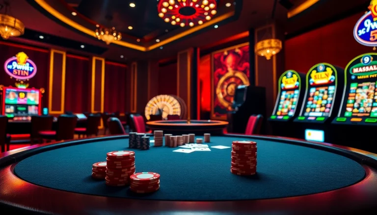 Players enjoying a thrilling gaming experience at 9WIN casino, showcasing vibrant slot machines and a poker table.