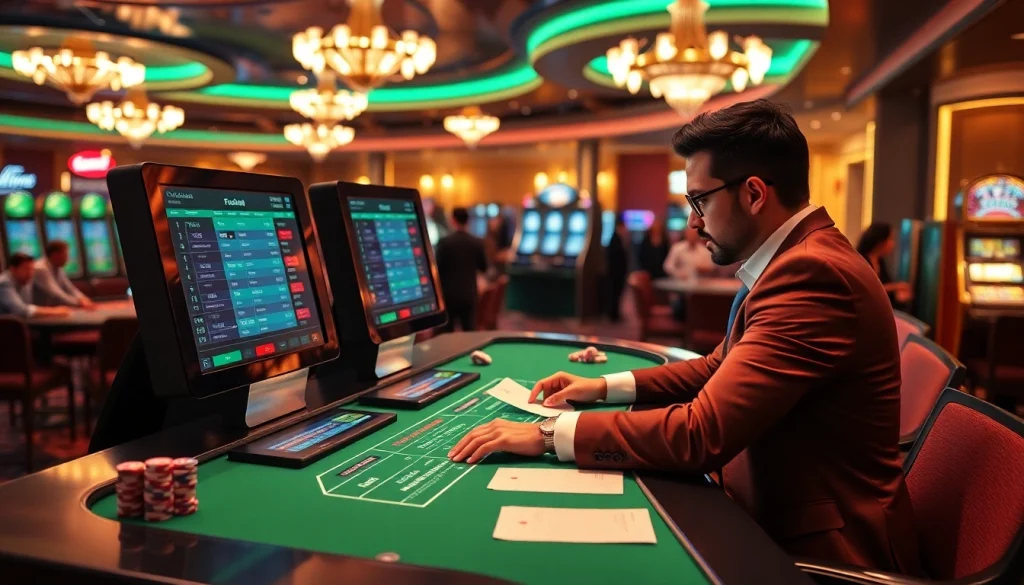 Analyzing nhận định kèo nhà cái at a modern casino betting terminal with poker chips and illuminated displays.