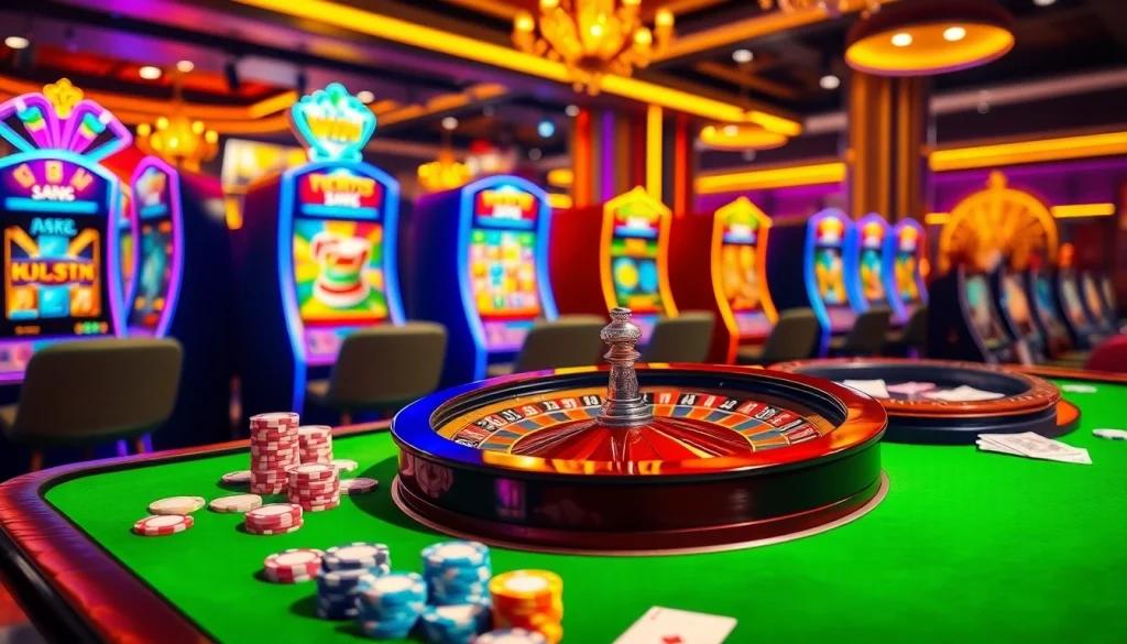 Kuwin gamblers celebrating wins at a luxurious online casino with poker chips and slot machines.