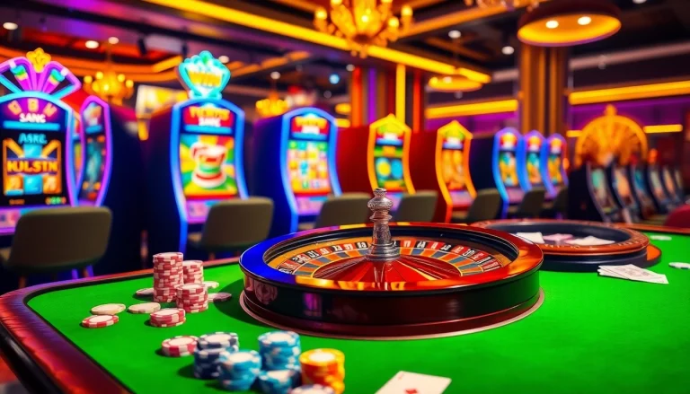 Kuwin gamblers celebrating wins at a luxurious online casino with poker chips and slot machines.