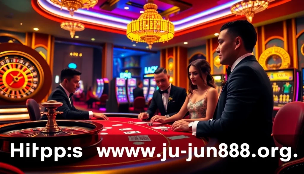 Engage in thrilling gameplay at Jun88, showcasing vibrant poker action and luxurious slot machines.