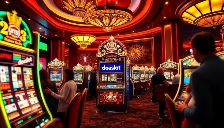Players engaging with doaslot slot machines in a vibrant casino atmosphere filled with excitement.