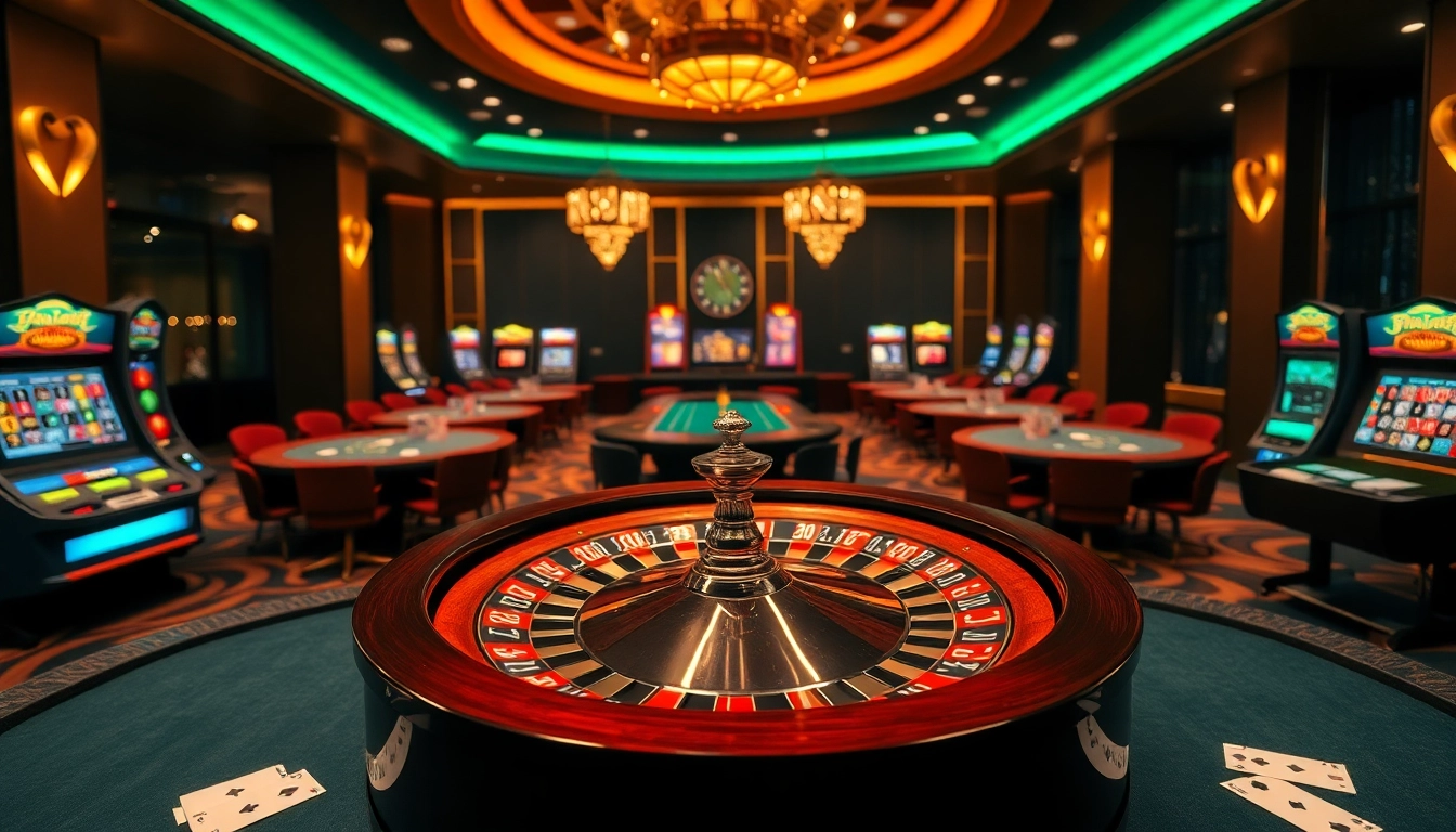 Experience thrilling gaming at https://xx88.promo/ with luxury casino tables and a roulette wheel.