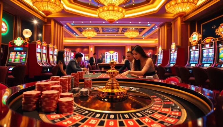 KJC players engaged at an upscale roulette table in a vibrant casino scene.
