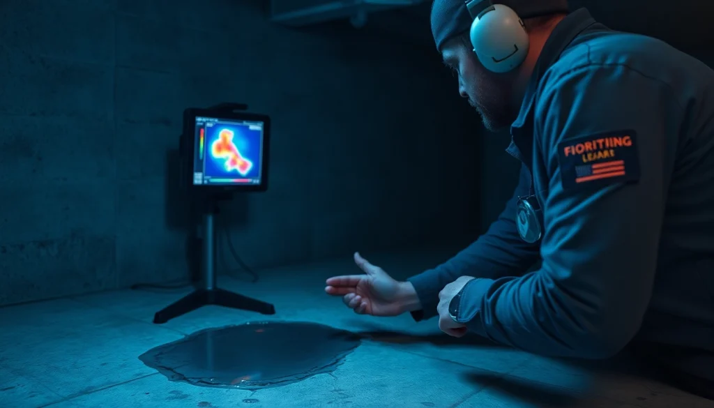 Leak in concrete floor being detected by a technician using thermal imaging equipment.