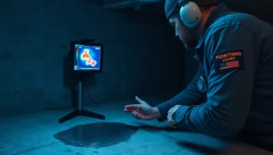 Leak in concrete floor being detected by a technician using thermal imaging equipment.