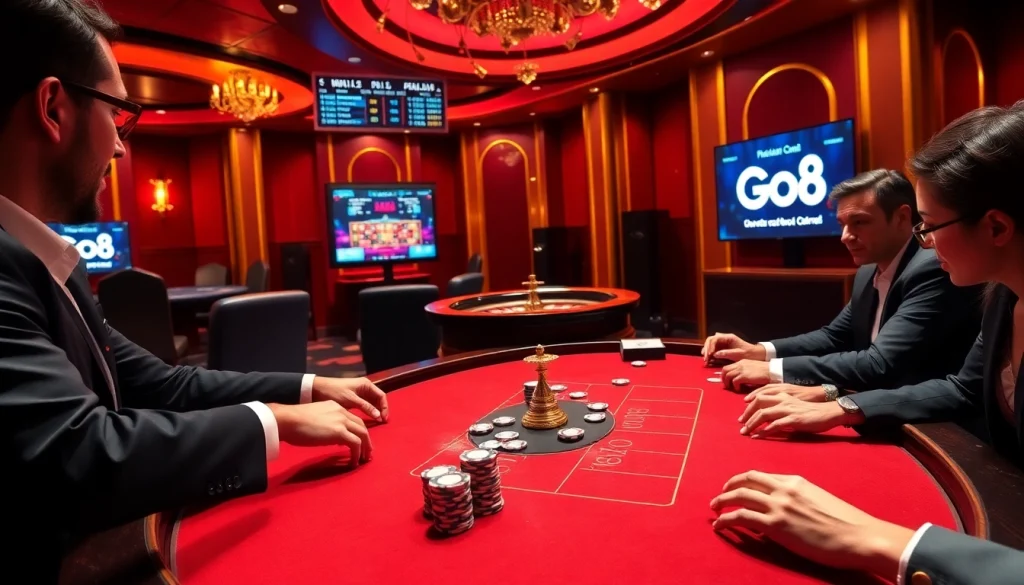 Go8 players competing at a vibrant poker table with luxurious details and online gaming elements.