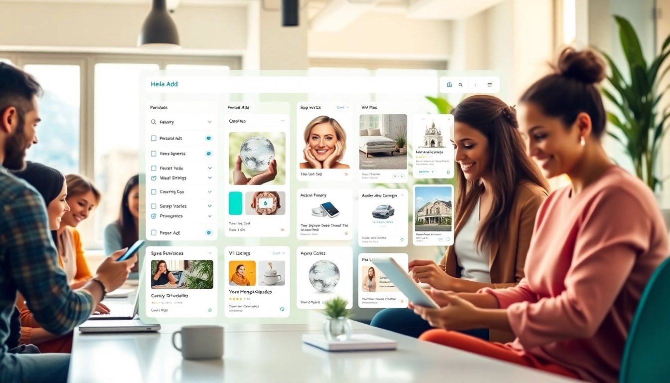 Engaging scene of users interacting with the Hela Add platform for classified ads in a modern workspace.
