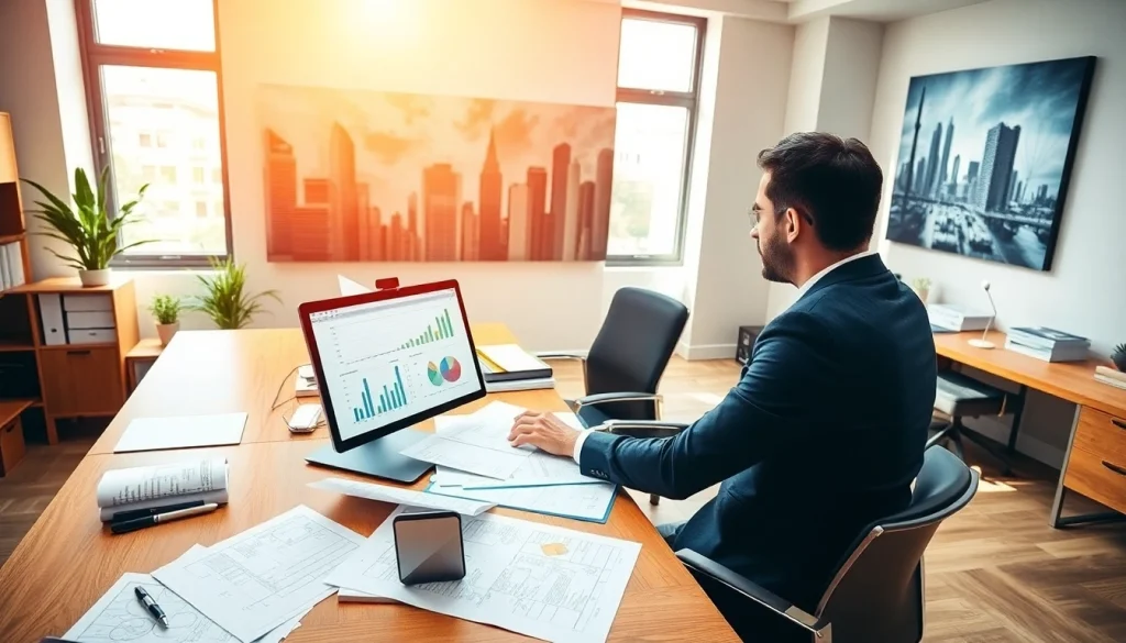 Księgowość dla firmy budowlanej w profesjonalnym biurze, prezentująca księgowego w pracy.