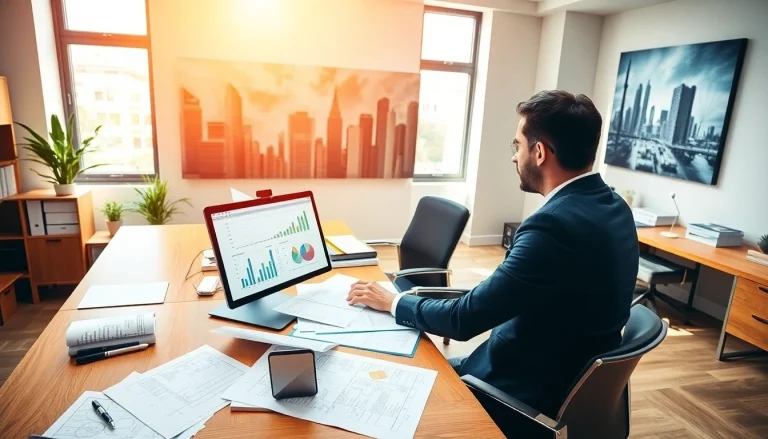 Księgowość dla firmy budowlanej w profesjonalnym biurze, prezentująca księgowego w pracy.