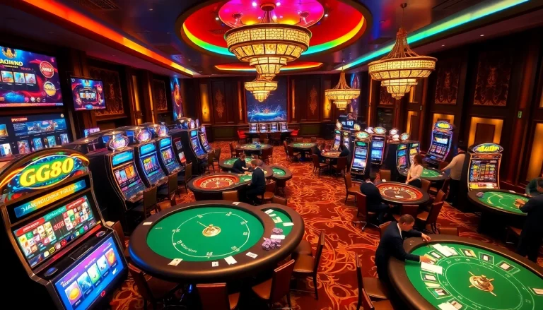Experience the thrill of game GG88 at a vibrant online casino, filled with exciting gaming tables and slot machines.