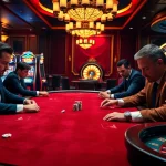 Players engaging in high-stakes poker at f168 casino, showcasing vibrant chips and a roulette wheel.