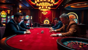 Players engaging in high-stakes poker at f168 casino, showcasing vibrant chips and a roulette wheel.