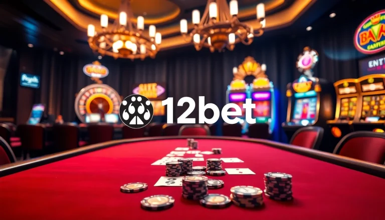 Experience the thrill of 12bet at a luxurious casino table filled with poker chips and cards.