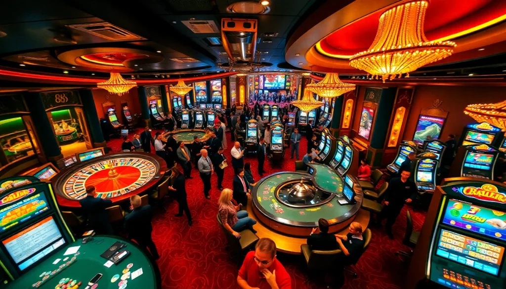 Engaging players in action at 88i casino with vibrant gaming tables and roulette wheels.